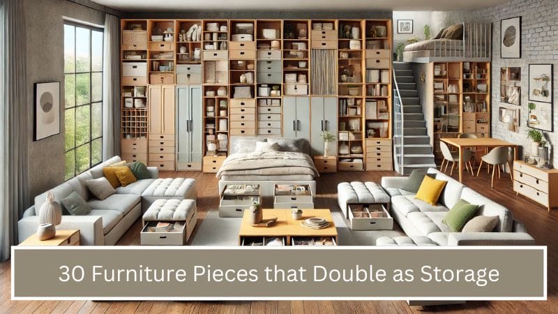 Image showcasing 30 different furniture pieces that double as storage solutions in a modern living room setting. This visually demonstrates both the aesthetic appeal and functionality of smart storage solutions. If you need any adjustments or further details, let me know!