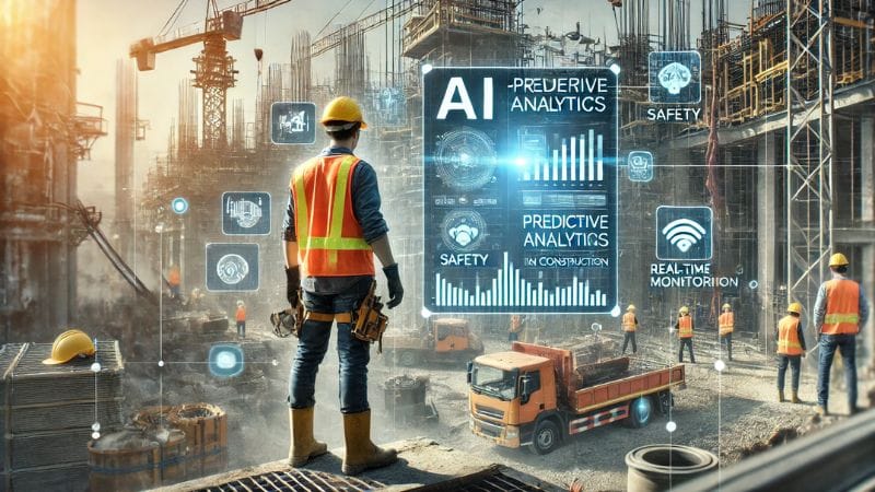 A construction site with an AI-powered predictive analytics system. The scene shows a digital interface displaying safety data, construction workers in safety gear, and sensors monitoring site activities. Keywords: AI in Construction Safety, Predictive Analytics in Construction, Real-Time Monitoring in Construction.