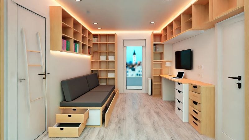 A modern tiny home interior showcasing creativity and smart design choices to maximize limited space. The room features space-saving furniture such as a convertible sofa, modular shelving units, a wall-mounted desk, and hidden storage compartments. The setting is stylish and comfortable, with a bright and welcoming atmosphere, demonstrating that it's possible to maximize space without sacrificing style or comfort.