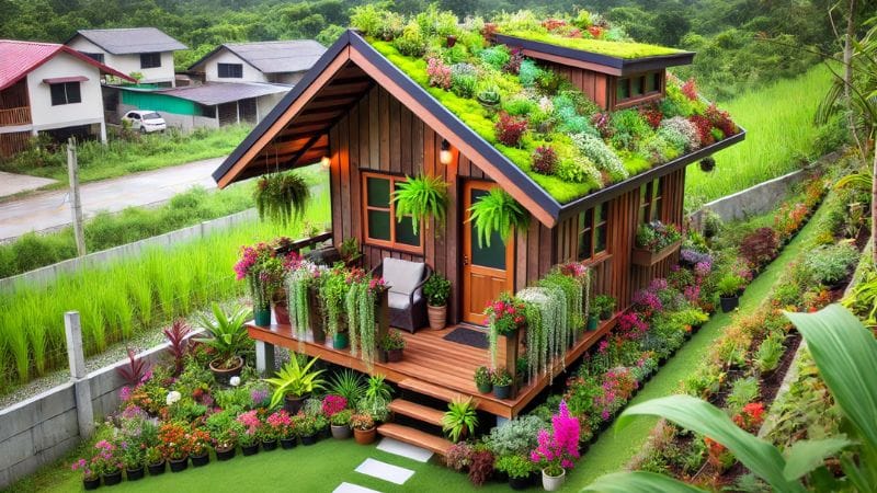 A tiny bungalow with a green roof, covered in plants and flowers, enhancing insulation and surrounded by a vibrant garden.