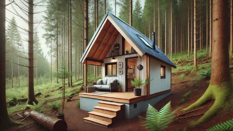 A tiny home cabin with a sloped roof designed for rainwater harvesting, set in a forested area.