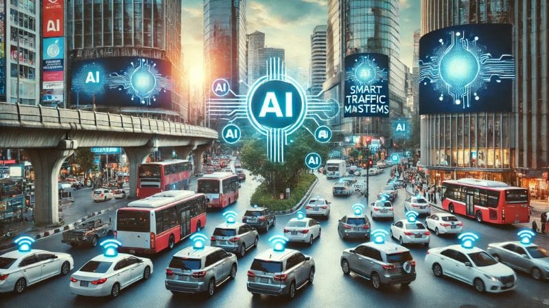 A busy urban intersection featuring AI-driven traffic management systems with autonomous vehicles, smart traffic lights, and digital billboards displaying real-time traffic data.