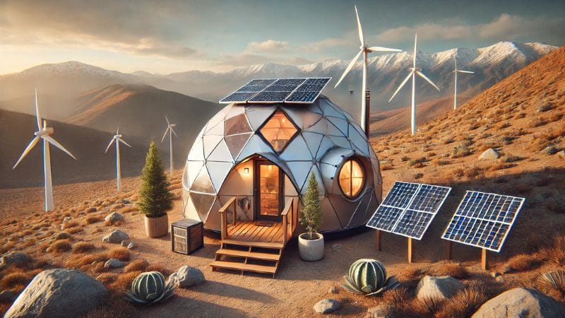 An off-grid geodesic dome tiny home, set in a remote location with renewable energy systems like solar panels and wind turbines.