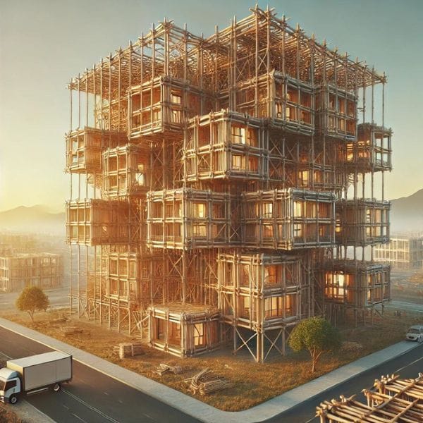 Bamboo framework used in modern eco-friendly building construction.