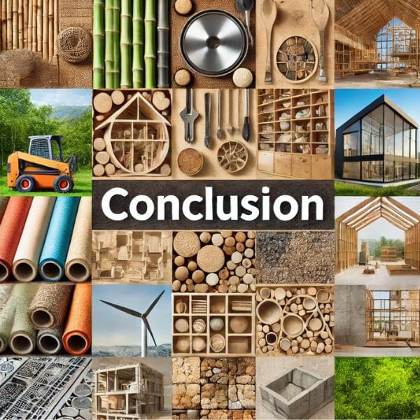 Conclusion image for an article on sustainable building materials, showcasing a collage of eco-friendly materials such as bamboo, recycled steel, cork, rammed earth, and reclaimed wood in modern construction.