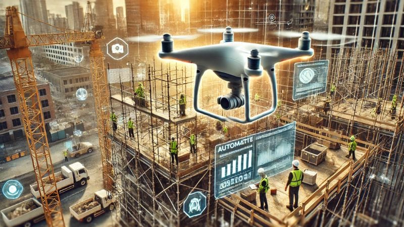 Drone conducting automated safety inspections on a construction site. The drone captures detailed images of scaffolding, machinery, and workers, analyzing for safety compliance. Keywords: Automated Safety Inspections, AI in Construction Safety, Real-Time Monitoring in Construction.