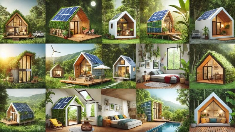 image featuring a collage of eco-friendly tiny home designs, including solar-powered studios, green roof bungalows, and bamboo micro houses, set in lush natural environments.