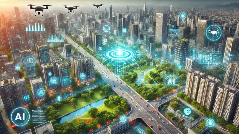 A futuristic Artificial Intelligence cityscape demonstrating advanced urban planning with visible AI-driven technologies like automated traffic systems, smart buildings, and green spaces.