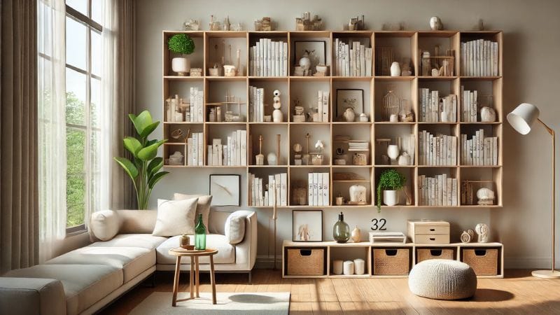 A well-organized modern living room with modular shelving units. The Modular Storage Systems hold books, decorative items, and personal artifacts, all arranged neatly. The room has a minimalist design with comfortable furniture, a large window letting in natural light, and plants adding a touch of greenery.