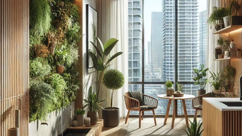 A modern Urban Biophilic Design in apartment interior featuring biophilic design elements. The room is filled with natural light, showcasing a vertical garden on one wall, a small indoor water feature, and furniture made from natural materials like wood and stone. The space is compact yet efficiently organized to maximize the feeling of nature indoors, with various potted plants and a clear view of the city skyline through large windows.