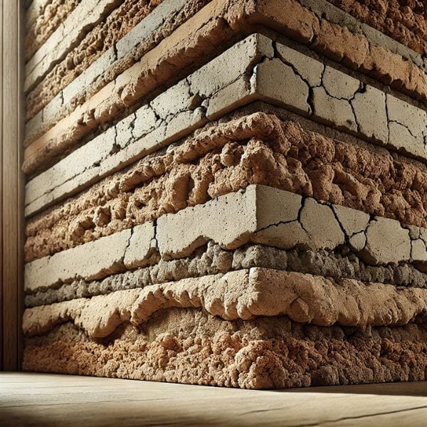 Rammed earth flooring showcasing rich, layered texture with natural hues of soft browns to deep terracotta in a modern interior setting.