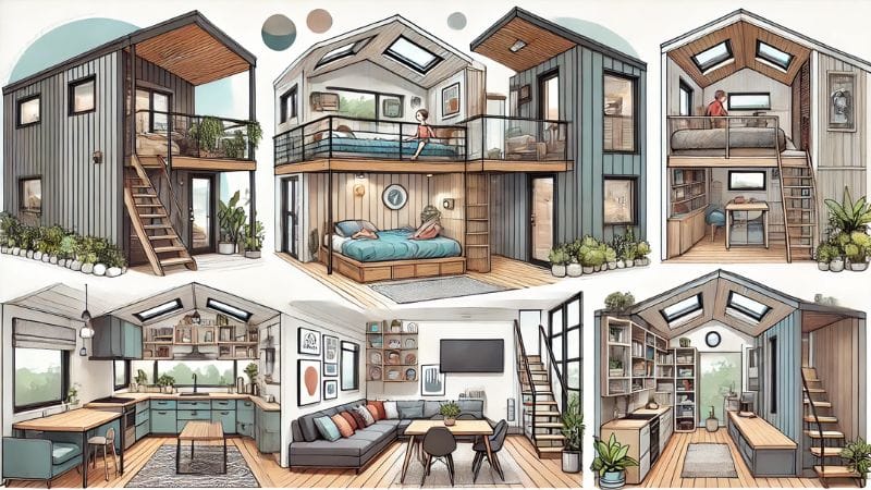 The illustration showcasing different tiny house layouts designed for families, including the Lofted Bedroom Design, Bunk Bed Solution, Expandable Layout, and Multi-Level Design.