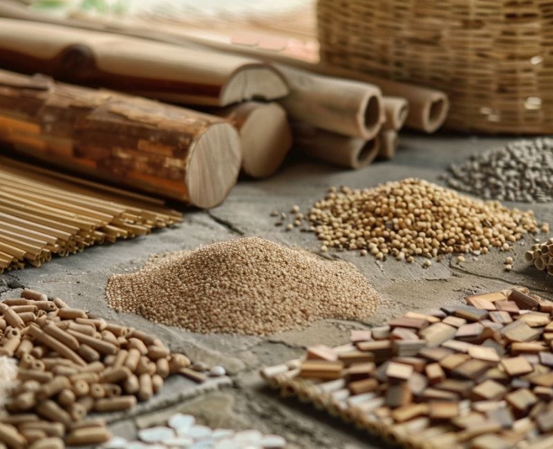 A variety of natural construction materials displayed on a table, including bamboo, wooden rods, and piles of seeds and grains. The image highlights the diverse and sustainable resources used in eco-friendly building practices.