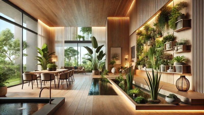 image depicting biophilic interior design, seamlessly integrating natural elements into a modern built environment