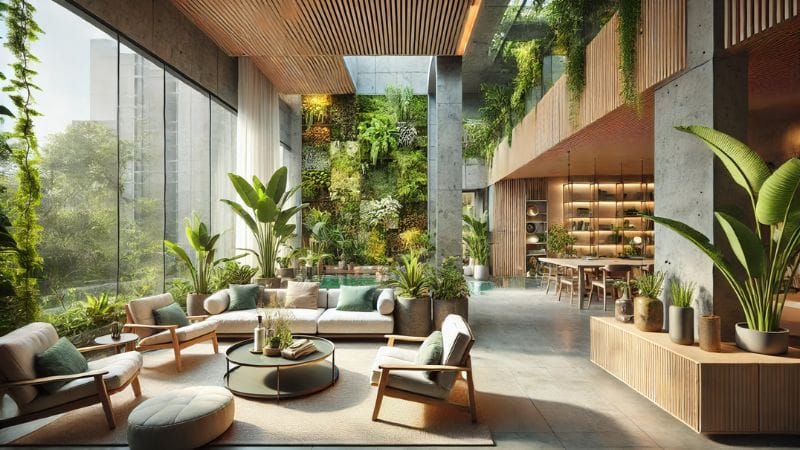 mage illustrating a holistic biophilic interior design, emphasizing the creation of healthier and more fulfilling living environments. The design integrates abundant natural elements, sustainable materials, and a warm, inviting atmosphere to promote well-being and a deep connection to nature.