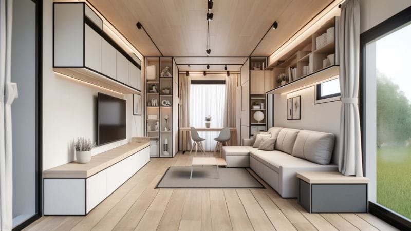 A modern tiny home interior for the introduction part, featuring an open living space with a convertible sofa, modular shelving units, and a wall-mounted TV stand. The room is bright and filled with natural light, showcasing a minimalist and stylish design. The furniture is arranged to maximize space and functionality, creating a welcoming and efficient living area.