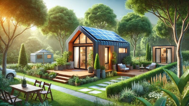 A small, modern tiny home with solar panels on the roof, surrounded by a lush garden.