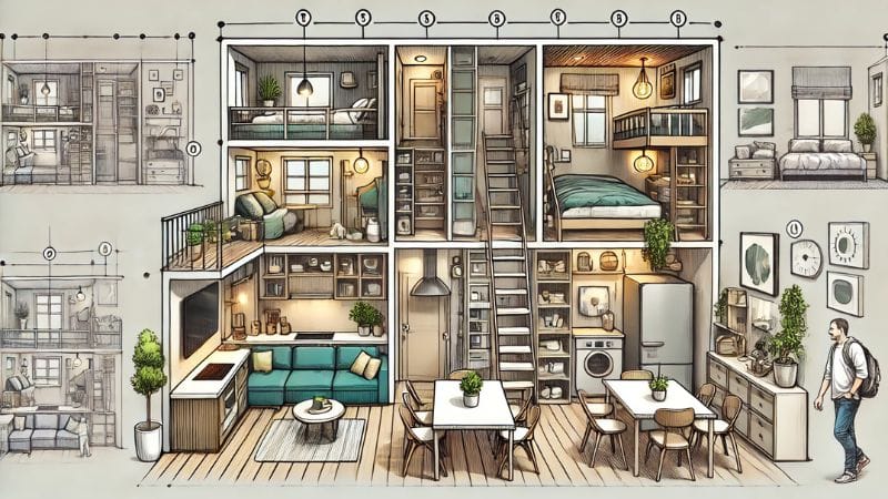 the illustration showcasing the strategic planning and creative design involved in maximizing space in tiny houses for families. If you need any further modifications or additional details, feel free to let me know!