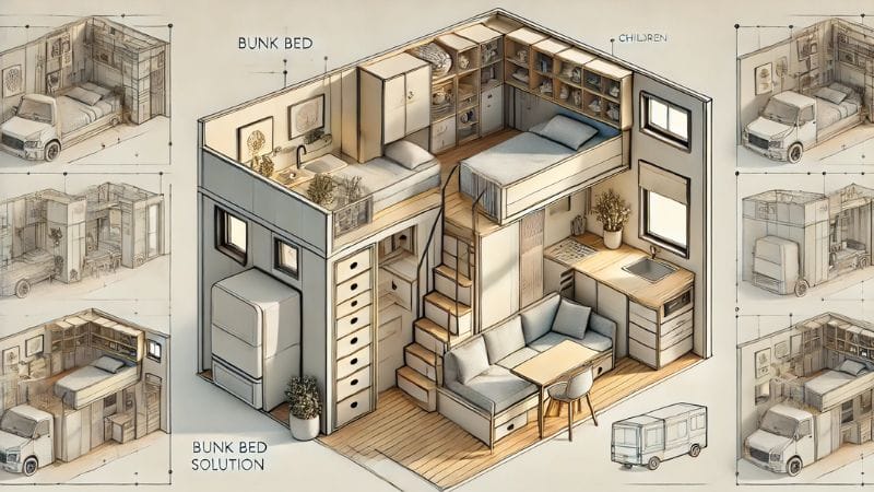 illustration of a tiny house with The Bunk Bed Solution layout.